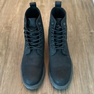 ASOS DESIGN Lace Up Boots in Black Leather with Chunky Sole, Size 11